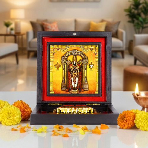 Venkateswara Swami / Tirupati Balaji 3D Prayer Box | Golden Charan Paduka with Frame for Home.