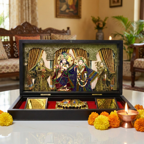 Radha Krishna 3D Prayer Box, Golden Paduka Set with Devotional Frame, Ideal for Gifting & Daily Puja