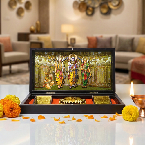 Shree Ram Darbar 3D Prayer Box with Golden Plated Charan Paduka