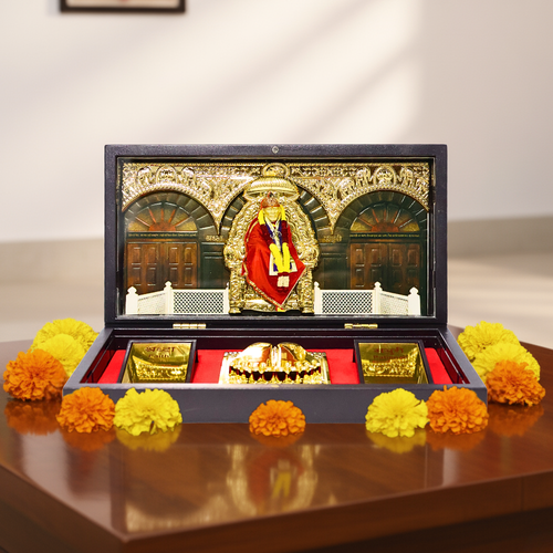 Sai Baba 3D Prayer Box with Charan Paduka, Golden Plated Shirdi Temple Frame