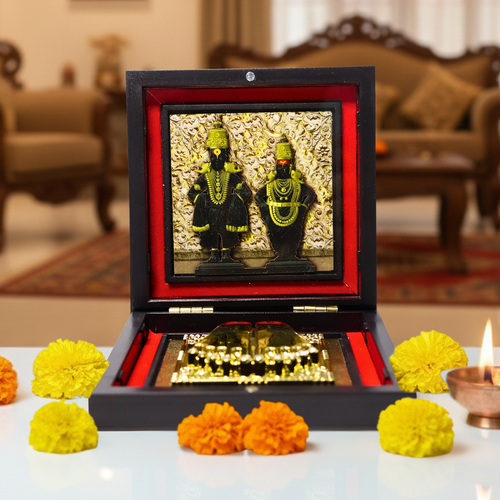 Shri Vitthal Rukmini Prayer Box | Golden Plated Charan Paduka | Ideal for Gifting & Daily Puja