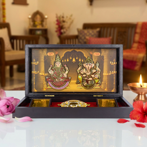 Lakshmi Ganesh 3D Prayer Box | Golden Paduka Set with Devotional Frame | Ideal for Gifting 