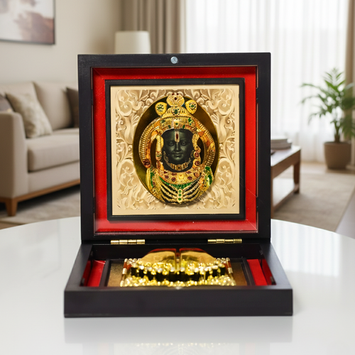 Ram Lalla Mukh 3D Prayer Box | Golden Plated Charan Paduka | Ideal for Gifting & Daily Puja