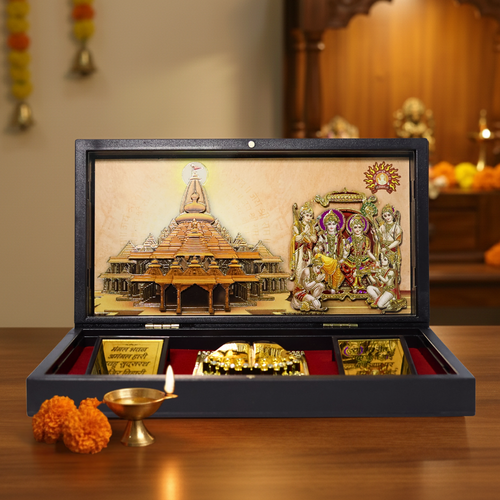 Ram Mandir and Ram parivar 3D Prayer Box | With Golden Plated Charan Paduka