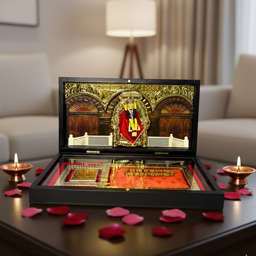 Sai Baba 3D Prayer Box | With Golden Plated Charan Paduka & Samadhi | Ideal for Gifting & Daily Puja