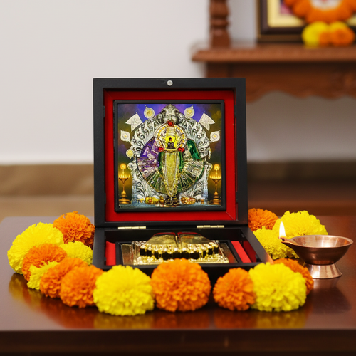 Kolhapur Mahalaxmi 3D Prayer Box | Golden Plated Charan Paduka | Ideal for Gifting & Daily Puja