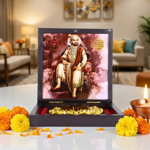 Chhatrapati Shivaji Maharaj Prayer Box | Golden Paduka Set with Royal Frame | Ideal for Home.
