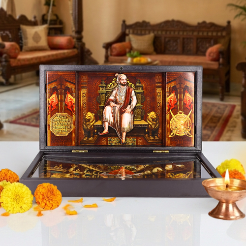 Chhatrapati Shivaji Maharaj 3D Prayer Box, Swarajya Coronation Darbar with Rajmudra & Bhavani Talwar