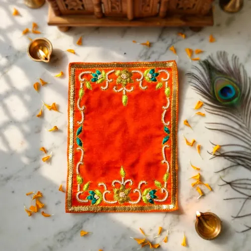 Kesariya Kunj Orange Velvet Aasan 5” x 7”
