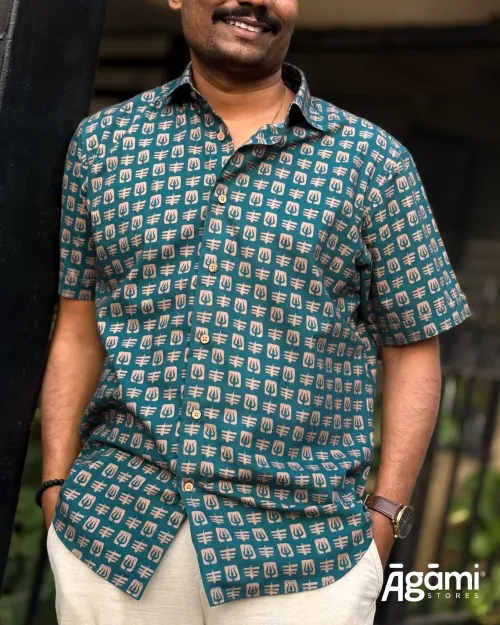 Printed Shiva Half Sleeves Shirt - Teal Blue