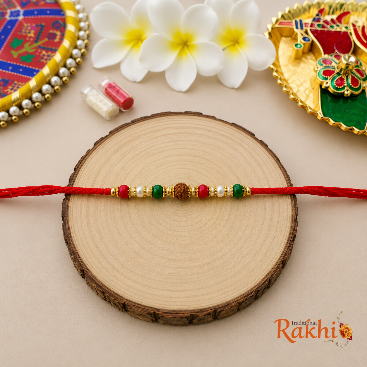 Multi-Bead Rudraksha & Pearl Minimalist Thread Rakhi (2pcs) product image