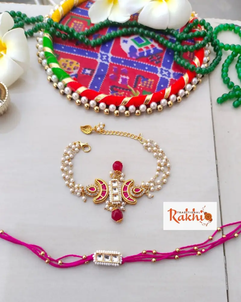 Royal Kundan & Pearl Couple Rakhi Set – Bhabhi Bracelet & Bhai Rakhi Combo product image
