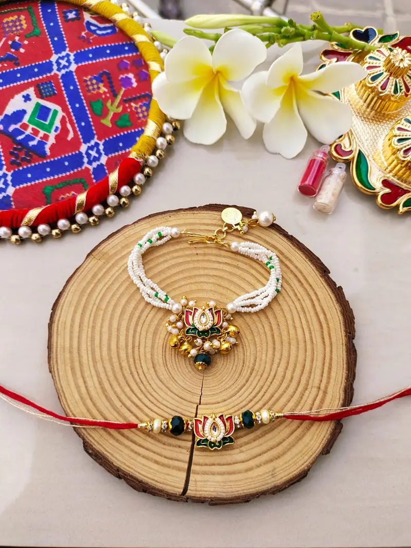 Royal Lotus Kundan Bhaiya Bhabhi Rakhi & Lumba Bracelet Combo Set (Pair) product image