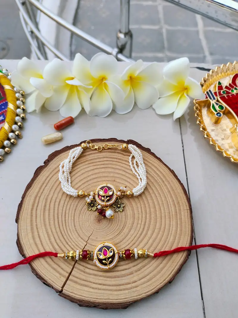 Royal Maroon Lotus Kundan Bhaiya Bhabhi Combo Rakhi Set product image