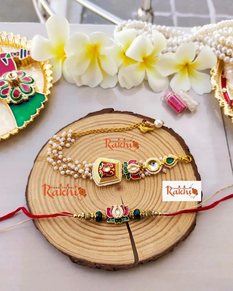 Royal Meenakari & Kundan Lotus Bhaiya Bhabhi Rakhi Combo Set (With Multi-Strand Pearl Lumba Bracelet product image