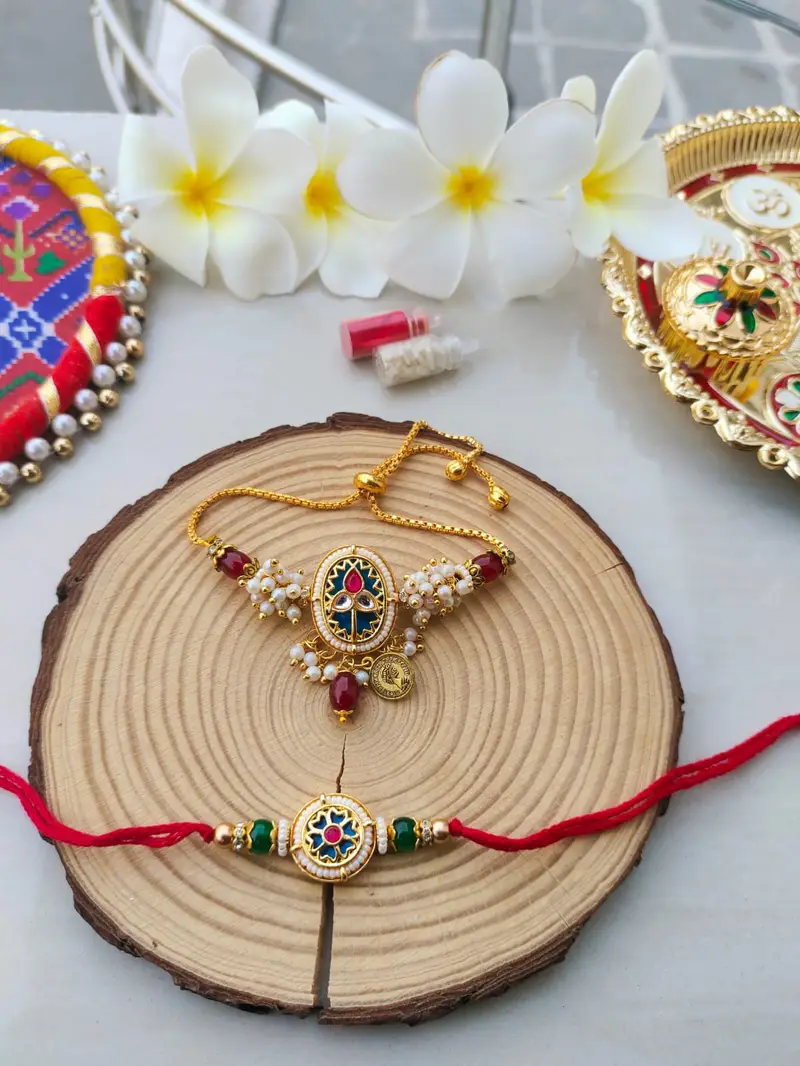 Royal Meenakari Floral Bhaiya Bhabhi Rakhi & Adjustable Slider Lumba Combo Set product image
