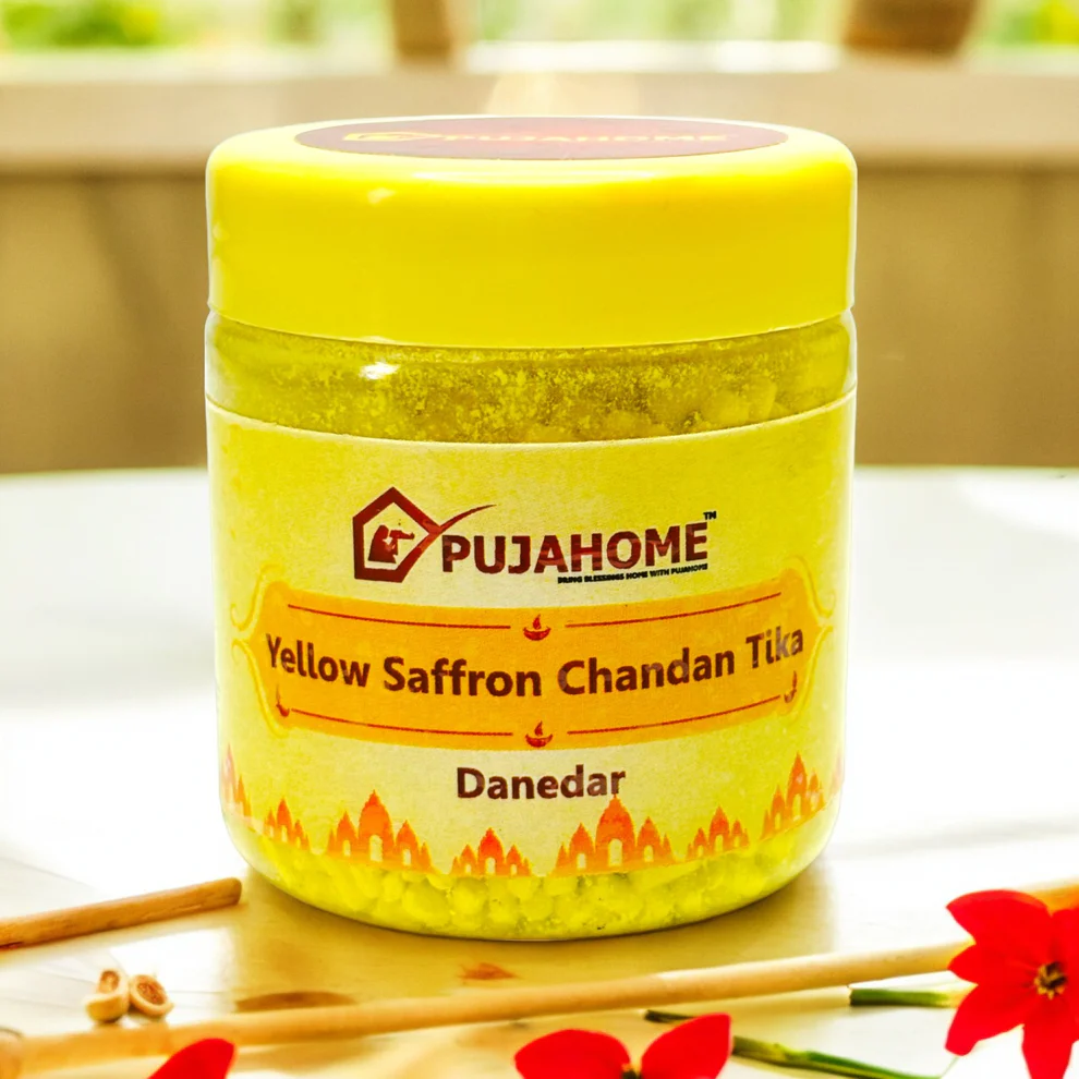 Pujahome Premium Yellow Saffron Chandan Tika Danedar 100 Gram Box product image