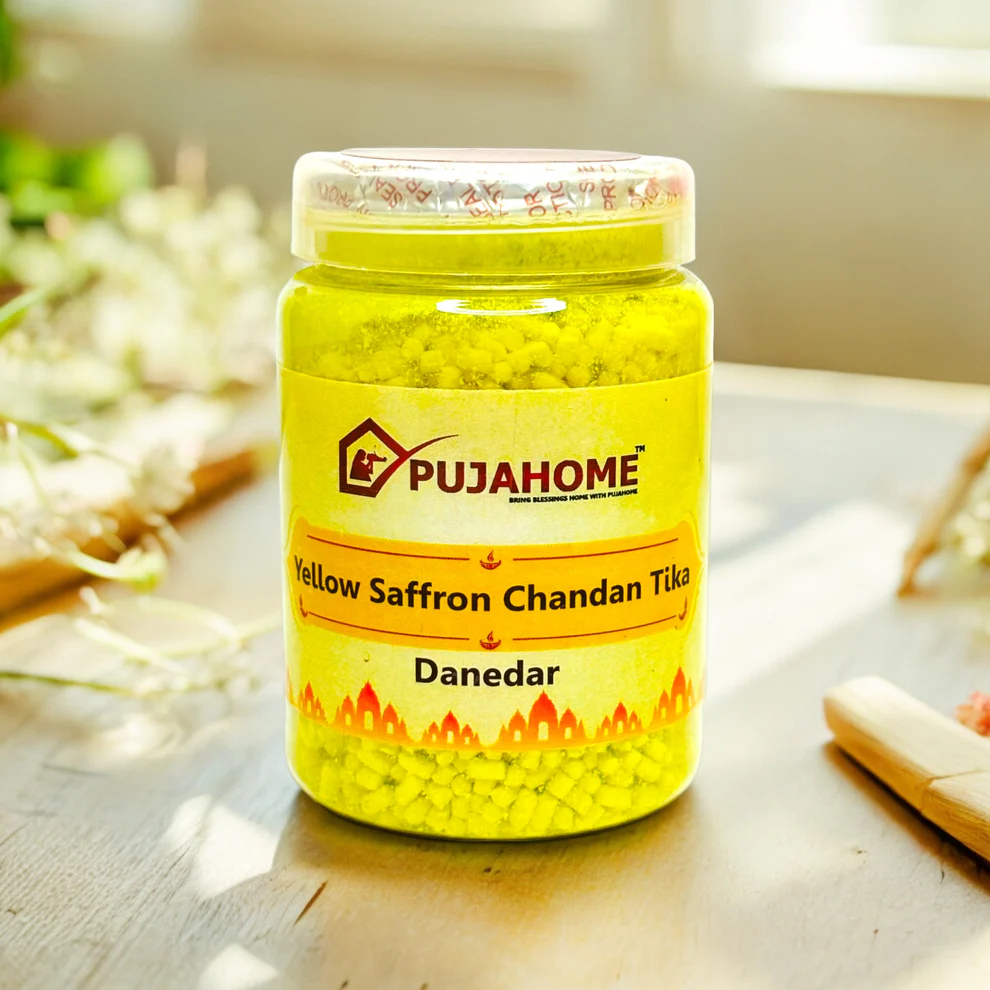 Pujahome Premium Yellow Saffron Chandan Tika Danedar 200 Gram Box product image