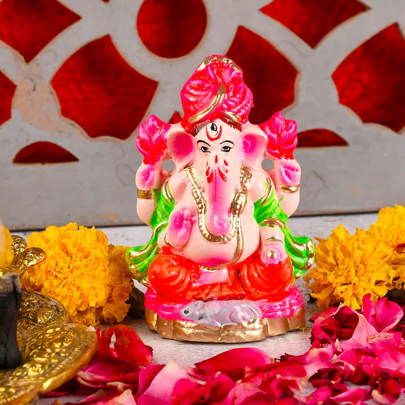 Pujahome Mitti Ganesh Idol | Eco-Friendly Mud/Clay 4 Bhuja Painted Colorful Ganesh Murti(4x3 Inches) product image