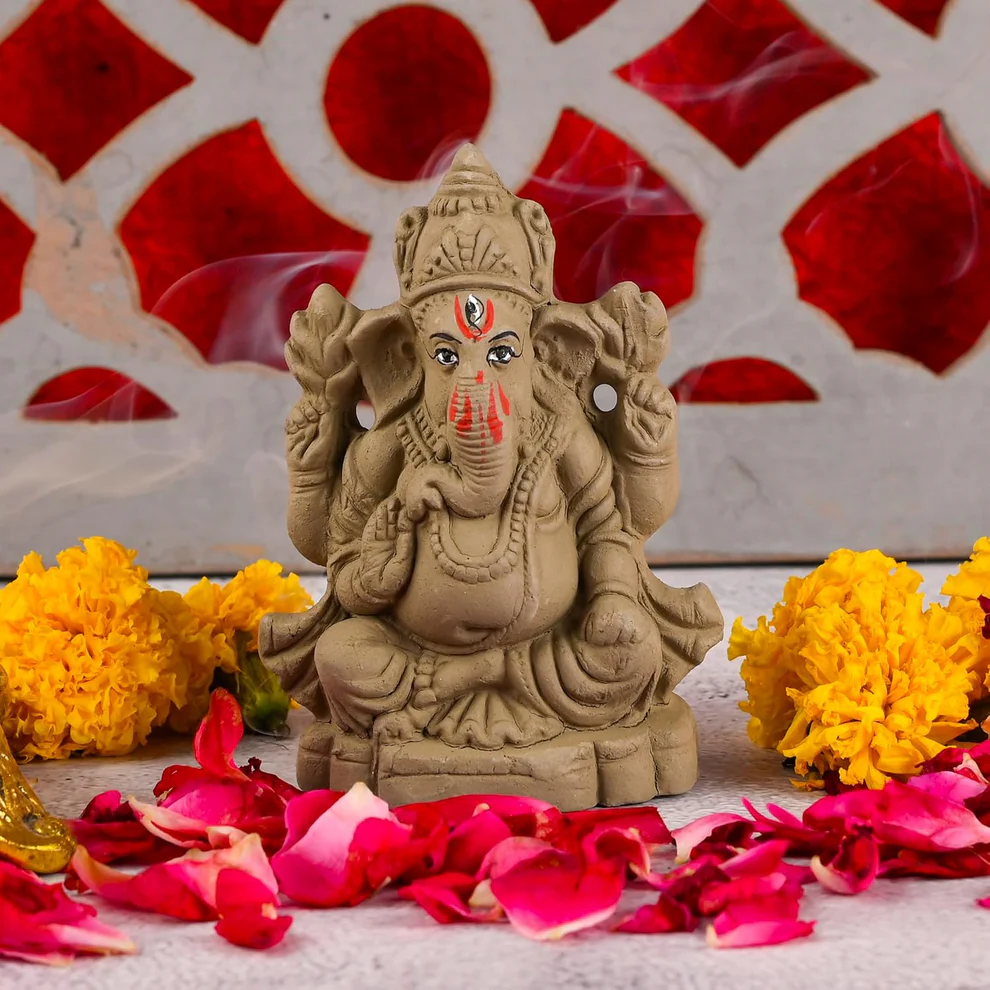 Pujahome Mitti Ganesh Idol | Eco-Friendly Mud/Clay 4 Bhuja Mukut Ganesh Murti | (4x3 Inches) product image