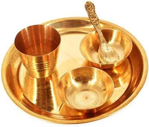 Pujahome Pure Brass Pooja Bhog Thali/Plate Set for Home Temple Decor Brass set of 5 pcs 