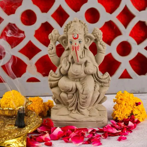 Pujahome Mitti Ganesh Idol | Eco-Friendly Handcrafted Mud/Clay Ganesh Murti (Lotus Ganesha) 4x3 Inch