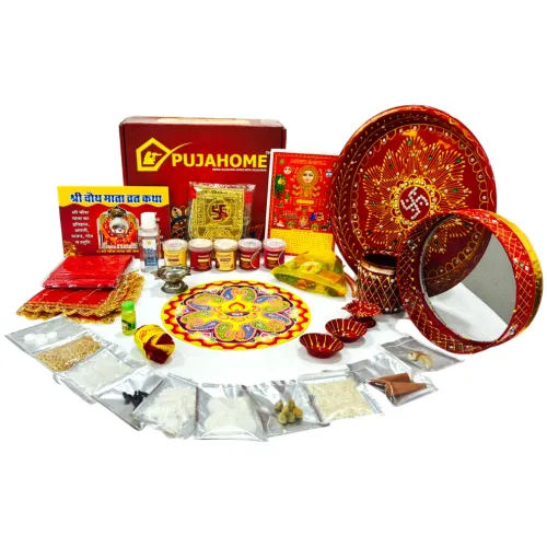 Pujahome Karwa Chauth Puja Samagri Kit with Thali Set and NavShringaar Saman (30+ Items) + Thali Set