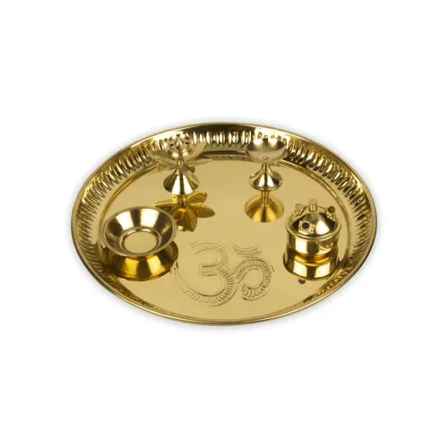 Pujahome Om Engraved Puja Thali Set with Agarbatti Holder, Aarti Diya, Akshat Holder.