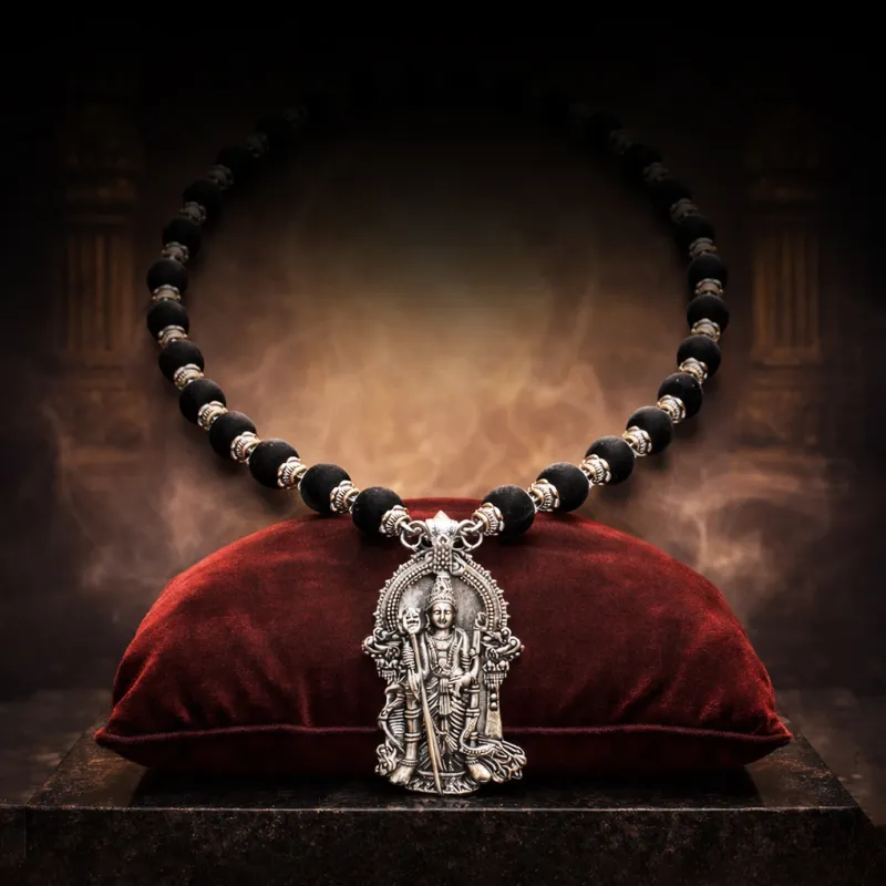 Silver Caped Karungali Mala with Lord Murugan Pendant | Sacred Ebony Wood Spiritual Mala for Protection, Strength & Devotion