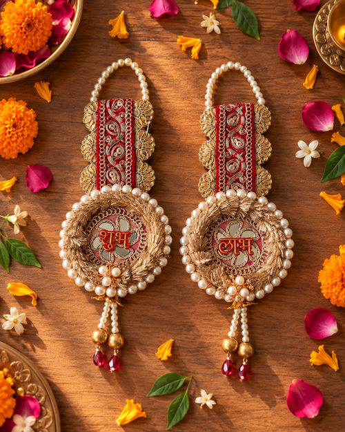Maharani Pearl Shubh Labh Hanging – Red & Gold