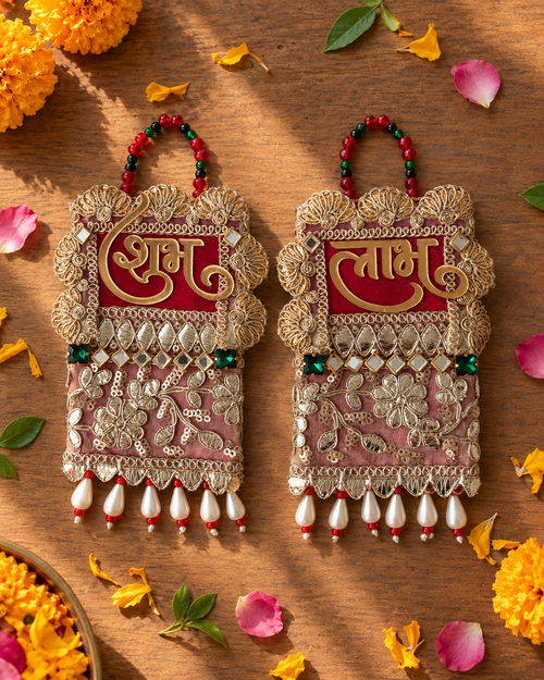 Zari Heritage Shubh Labh Hanging – Golden Zari-Style Embroidery, Mirror & Pearl-Drop Accents