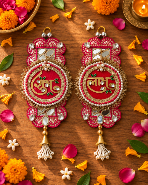 Shringar Lakshmi Shubh Labh Hanging – Red & Gold Festive Dangler with Pearls and Tassels (10 x 3.5 in)