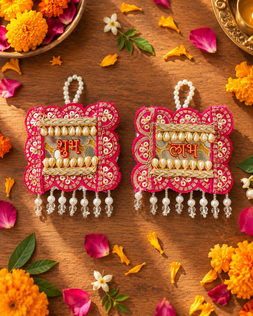 Gulabi Pearl Shubh Labh Wall Hanging with Golden Embroidery, Pearls and Crystal Drops