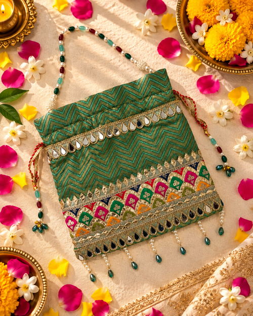 Olive Green Chevron Embroidered Brocade Potli Bag with Multicolour Patch Border and Pearl Drops
