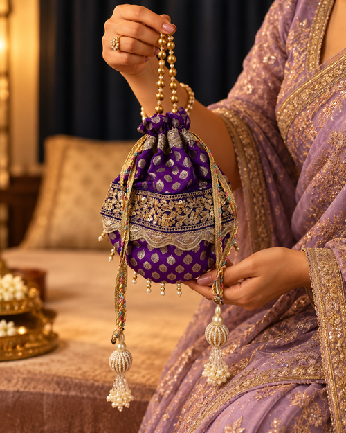 Shahi Baingani Purple Brocade Potli with Gold Floral Embroidery and Pearl Tassels