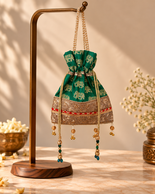 Forest Green Elephant Motif Brocade Potli Bag with Bead Tassels