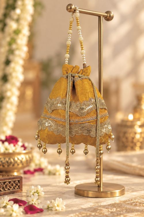 Mustard Yellow Embroidered Brocade Potli Bag with Sequin Lace Panels and Charms