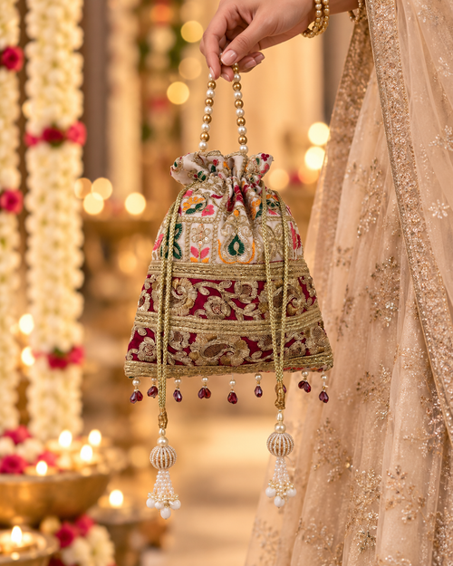 Gulab Potli Bag in Maroon Brocade with Gold Embroidery and Pearl & Bead Detailing