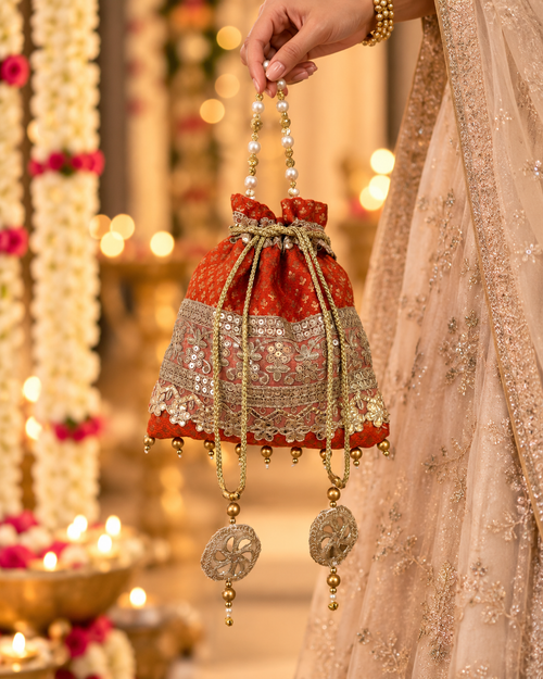 Shahi Kesariya Orange Brocade Potli Bag with Silver-Gold Embroidery, Pearl Accents and Floral Tassels