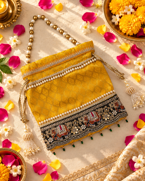 Yellow Silk Potli Bag with Elephant Motif Embroidery and Black Border