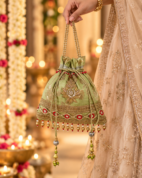 Sage Green Embroidered Silk Potli Bag with Floral Medallion and Mirror Work Border