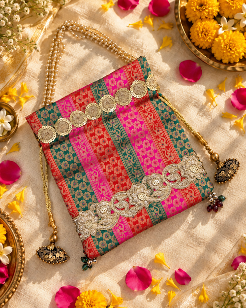 Jewel Striped Potli – Pink, Red & Green Brocade with Gold Lace Border and Tassels