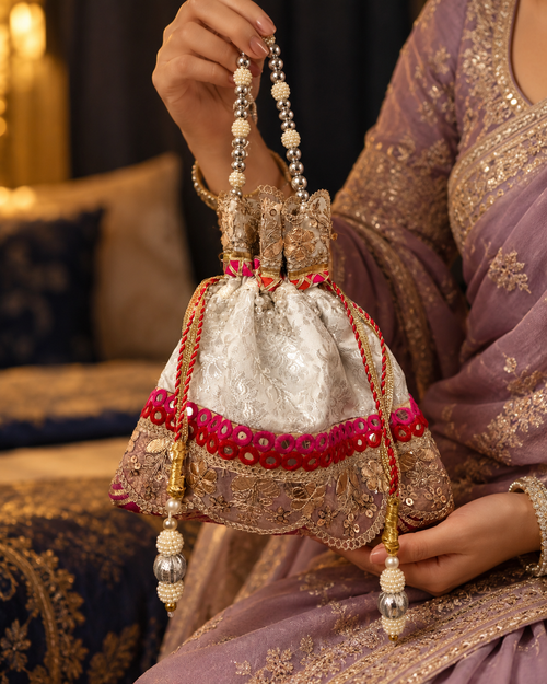 Sitara Pink Brocade Potli with Mirror Work and Gold Zari Embroidery