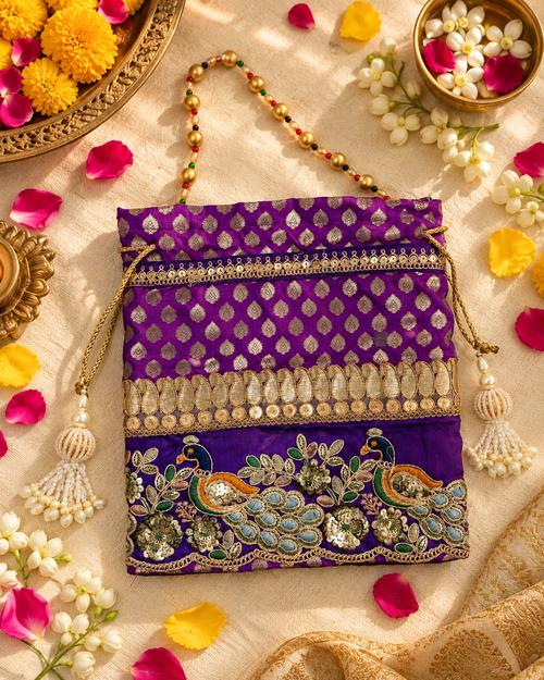 Noor-e-Jamawar Purple Brocade Potli Bag with Gold Zari Embroidery