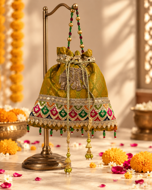 Shahi Elephant Potli – Handcrafted Brocade Potli Bag with Elephant Motifs, Mirror Work & Beaded Hangings