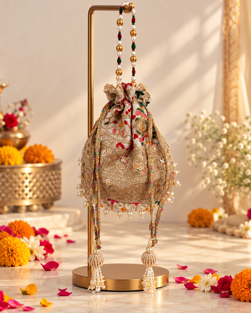 Ivory Floral Embroidered Brocade Potli Bag with Gold Sequin and Pearl Hangings