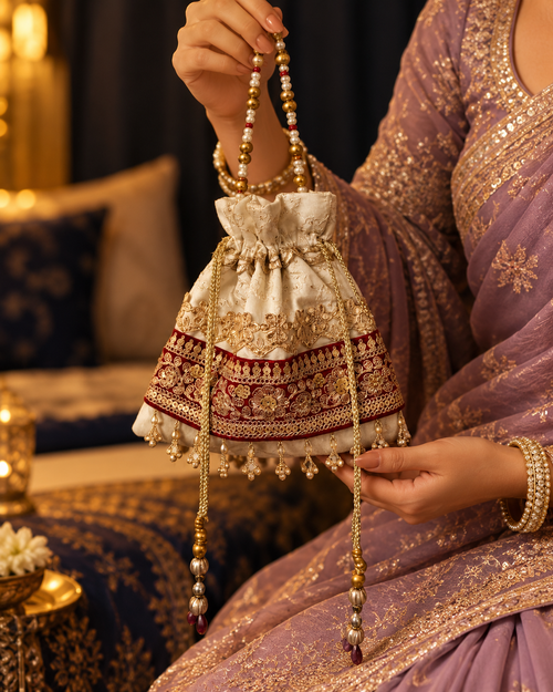 Cream Embroidered Brocade Potli Bag with Maroon Velvet Zari Band