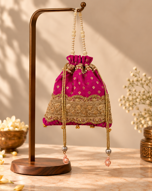 Magenta Pink Silk Brocade Potli Bag with Gold Motifs, Lace Trim and Pearl Drawstrings