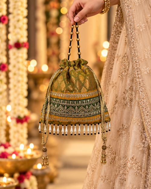 Green Embroidered Brocade Potli Bag with Pearl Fringe