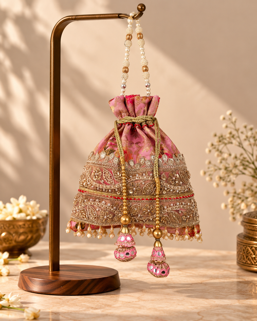Rose Gold Ethnic Potli Bag with Gold Embroidery, Pearls & Pink Mirror Tassels